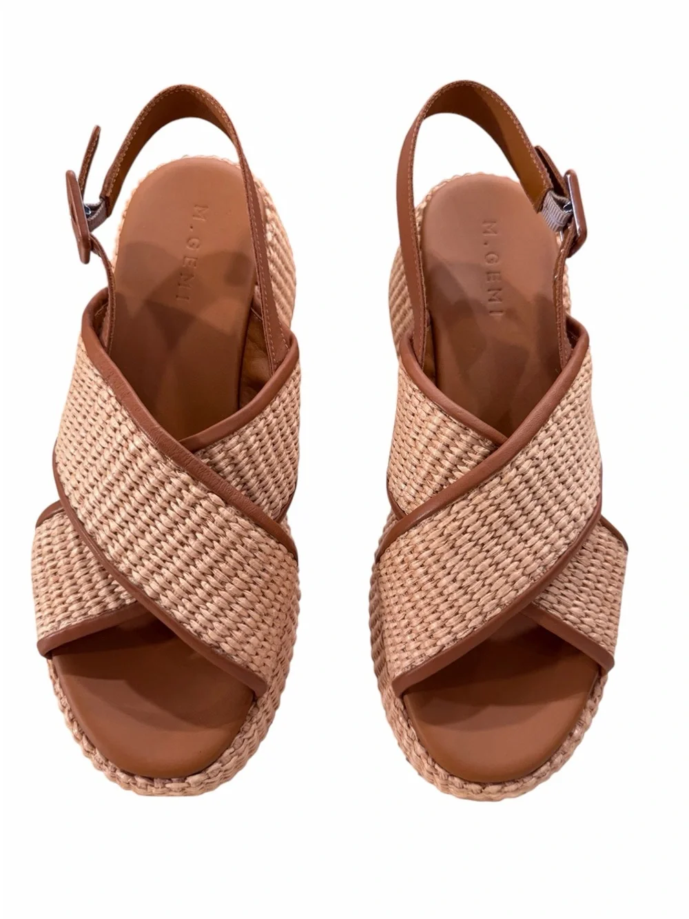 M.Gemi Made in Italy Raffia Platform Wedge Sandals Tan Leather Size 41 NWOB